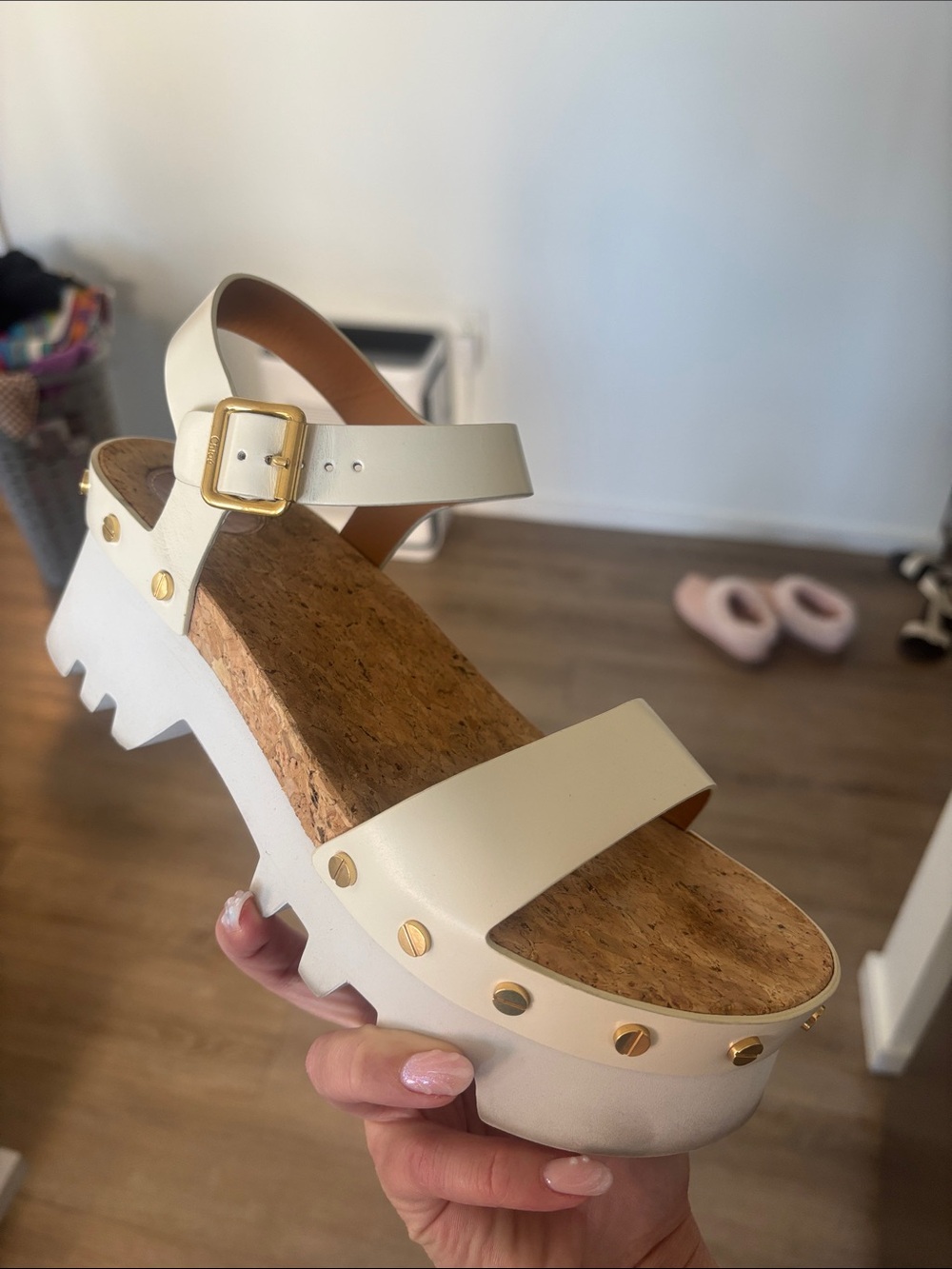 Chloe Platform Cork Sandal with Gold Studs - White BROKEN